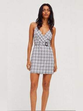 Urban Outfitters Gray Plaid Belted Wrap Mini Dress